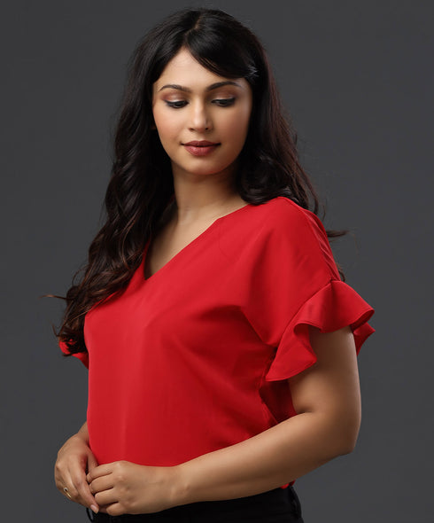 Vneck Sleeve Flared Red Chiffon Top